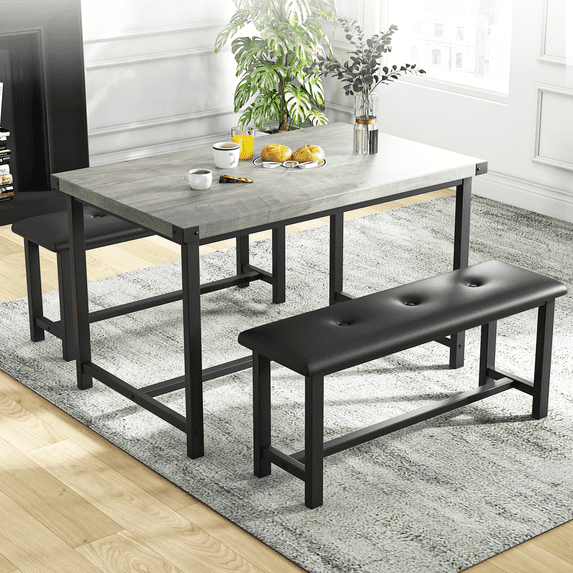 3Piece Dining Table Set for 4, Rectangular Kitchen Table with Upholstered Benches, Room Dining Table Set, for Small Space, Apartment