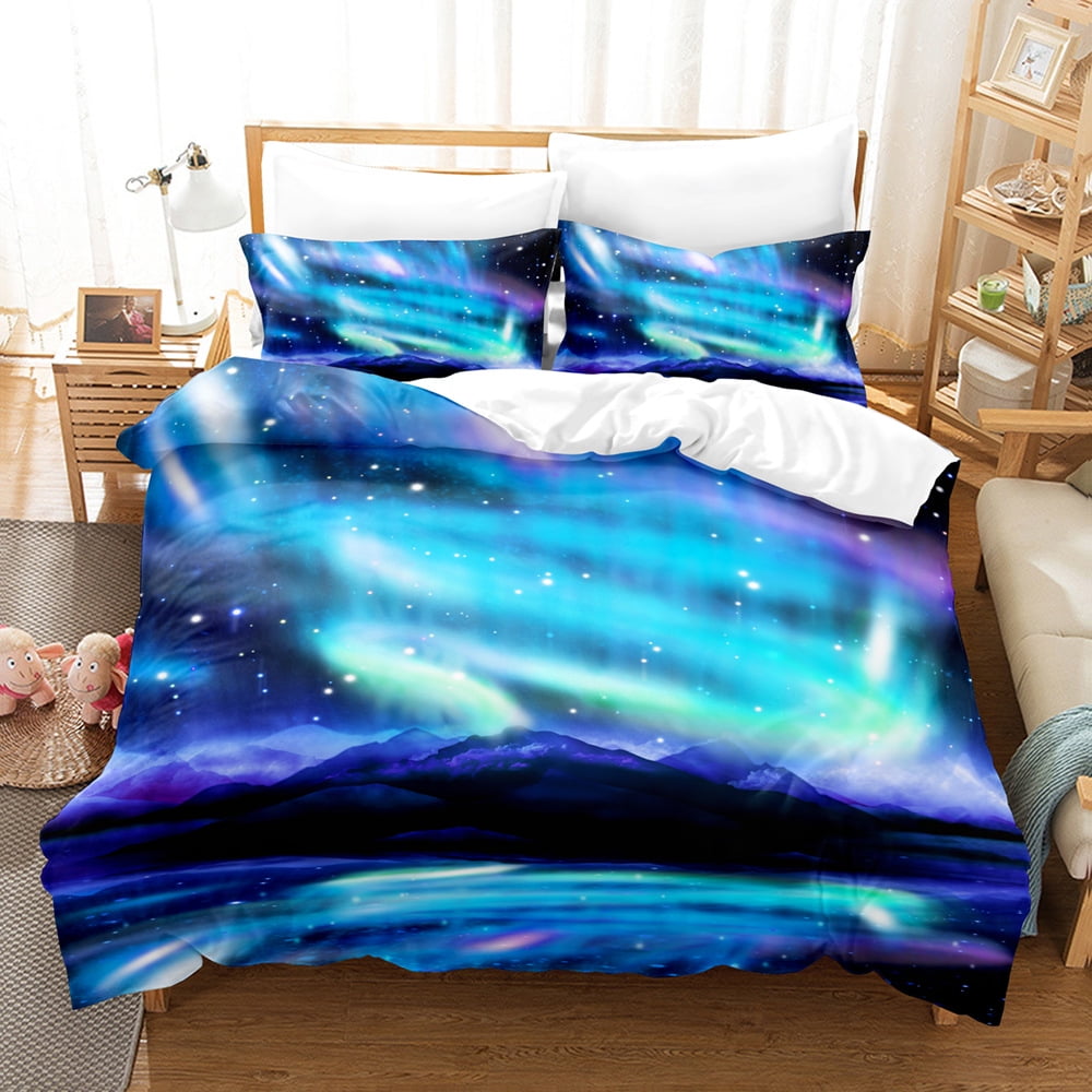 3Piece Duvet Cover Set Queen Size Galaxy Outer Style Moon/Star Pattern Gradient Luxury Soft