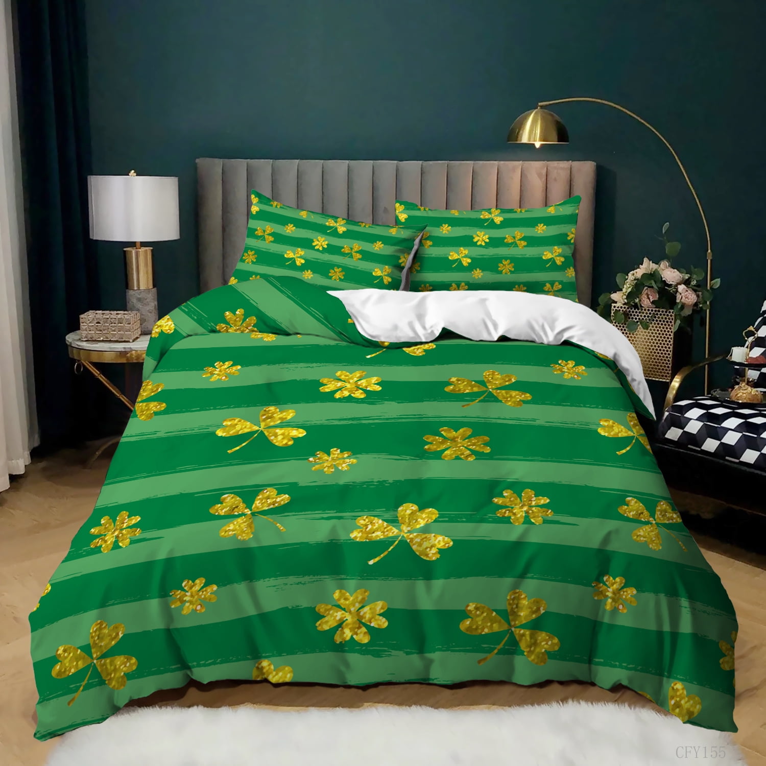 3Piece Duvet Cover Set Twin Size,Spring Clover Leaves Bedding Set for