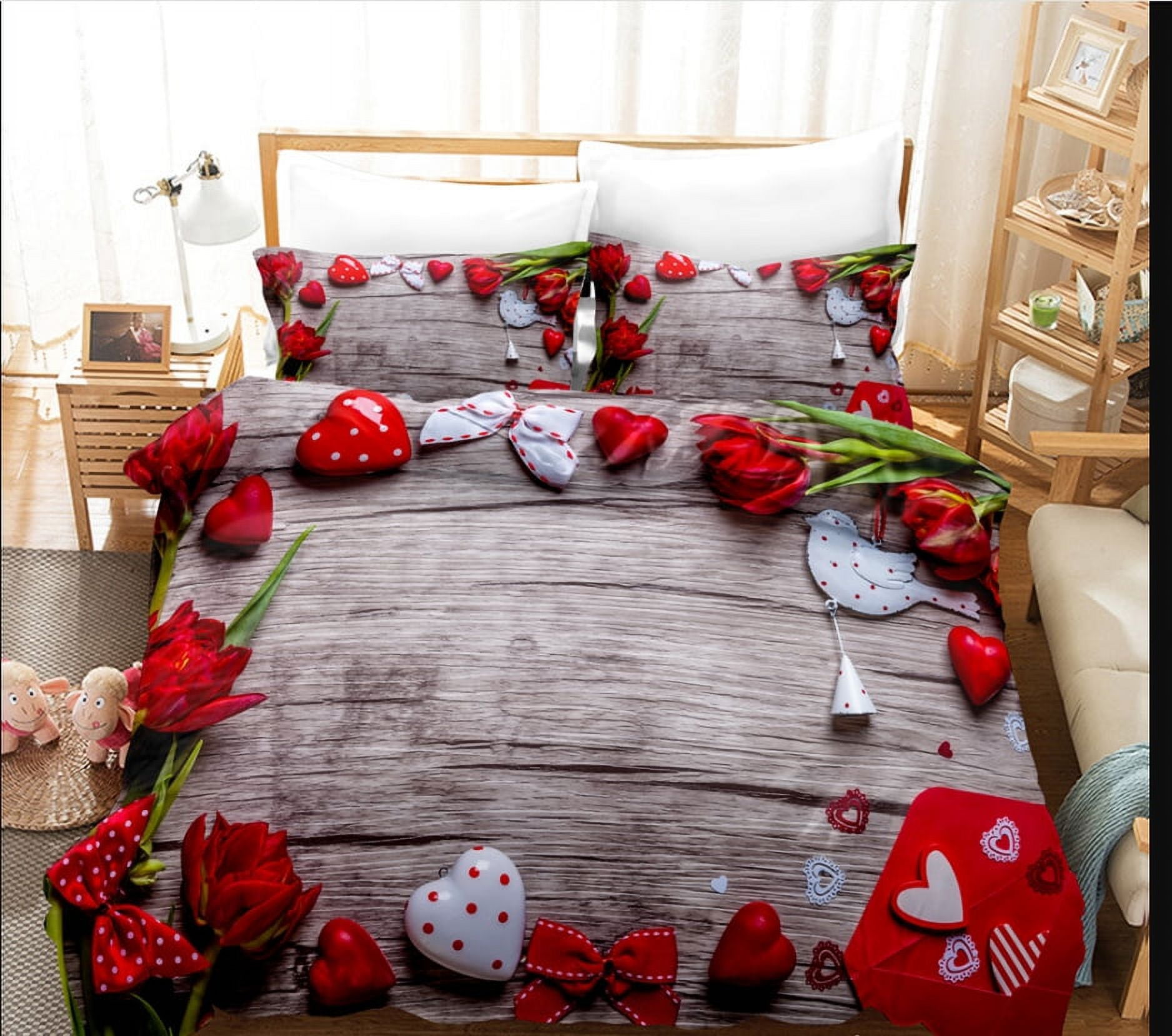 3Piece Duvet Cover Sets Romantic Valentine's Day Bedding Set 3D Floral