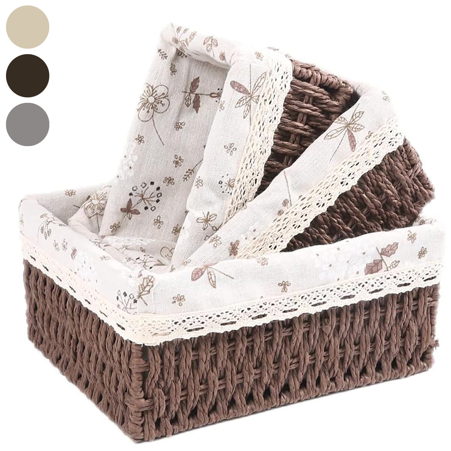 3Piece Wicker Storage Basket， Storage boxes with Removable Liner，Woven