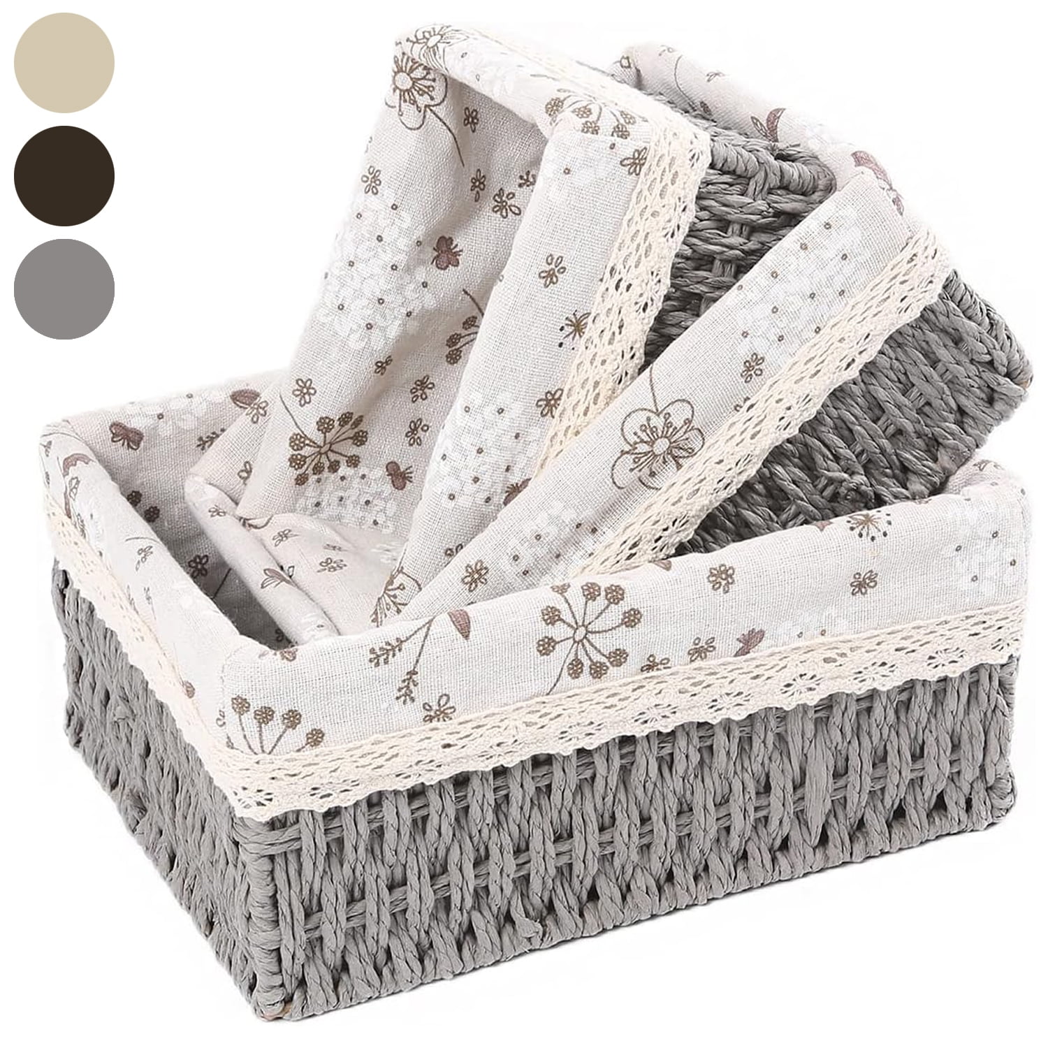 3Piece Wicker Storage Basket， Storage boxes with Removable Liner，Woven