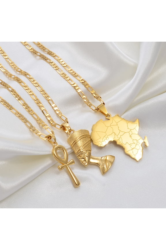 3Pieces Ankh Nefertiti & Africa Map Pendant Necklaces 14K Gold Wedding Birthday Party Ethnic Jewelry Women Men