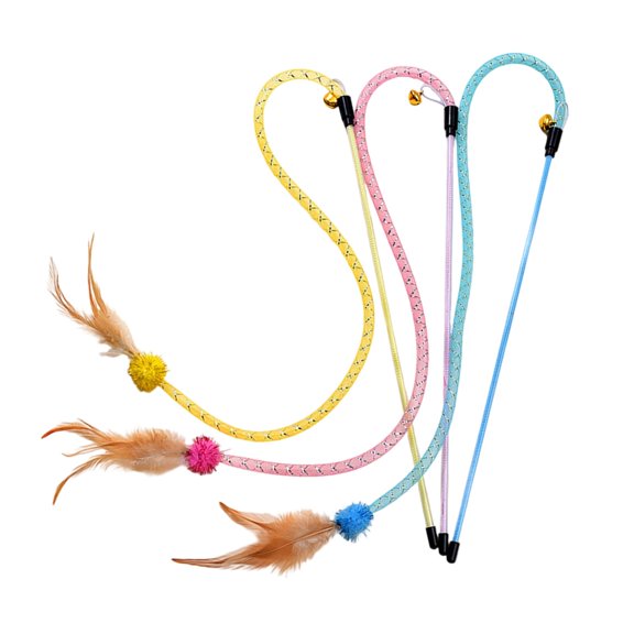 3Pieces Soft Feathered Interactive Cats Wand Toy Set Flexible Net Tube Designs Enhances Agilities And Mental Focusing