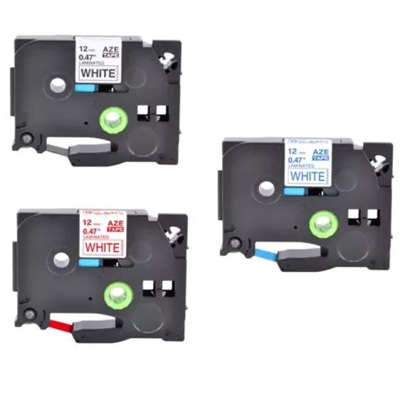 3Pk Black/Red/Blue On White Tape For Brother Tze-231 Tz-232 Tze233 Pt-D210 Label