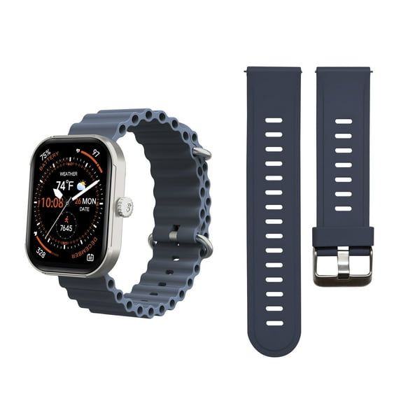 3Plus MEGA Smartwatch with 2.01" AMOLED Screen/Answer & Make Calls/Sleep Monitoring/Heart Rate/100+ Workout Modes/ Quick Reply/ iPhone and Android/Extra Band in Navy Blue