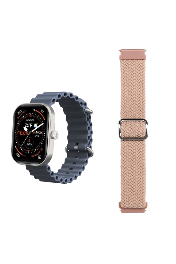 MEGA Smartwatch with 2.01" AMOLED Screen/Answer & Make Calls/Sleep Monitoring/Heart Rate/100+ Workout Modes/ Quick Reply/ iPhone and Android/Extra Nylon Band in Blue
