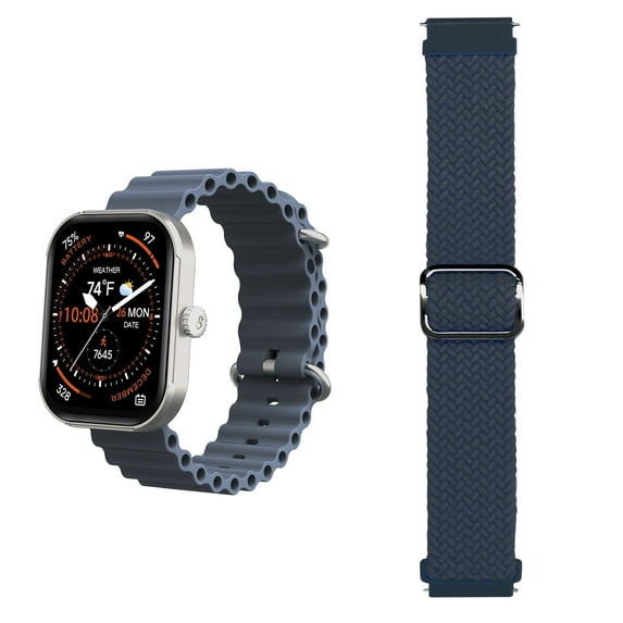 3Plus MEGA Smartwatch with 2.02" AMOLED Screen/Answer & Make Calls/Sleep Monitoring/Heart Rate/100+ Workout Modes/ Quick Reply/ iPhone and Android/Extra Nylon Band in Blue