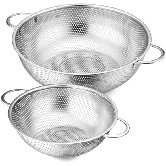 3QT & 5QT Colander Set of 2, Stainless Steel Micro-Perforated Colander Strainer with Handle for Kitchen/Draining Pasta/Rinsing Vegetables Fruits, Heavy Duty Metal & Dishwasher Safe