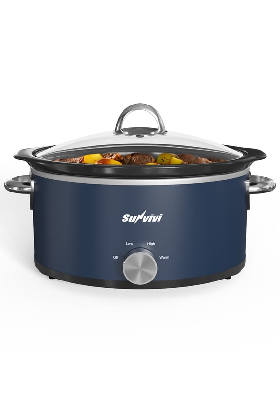 3QT Compact Slow Cooker & Food Warmer with 3 Temperature Settings, Removable Ceramic Pot, Dishwasher-Safe Glass Lid, Stainless Steel - Available in Black, Silver, and Blue