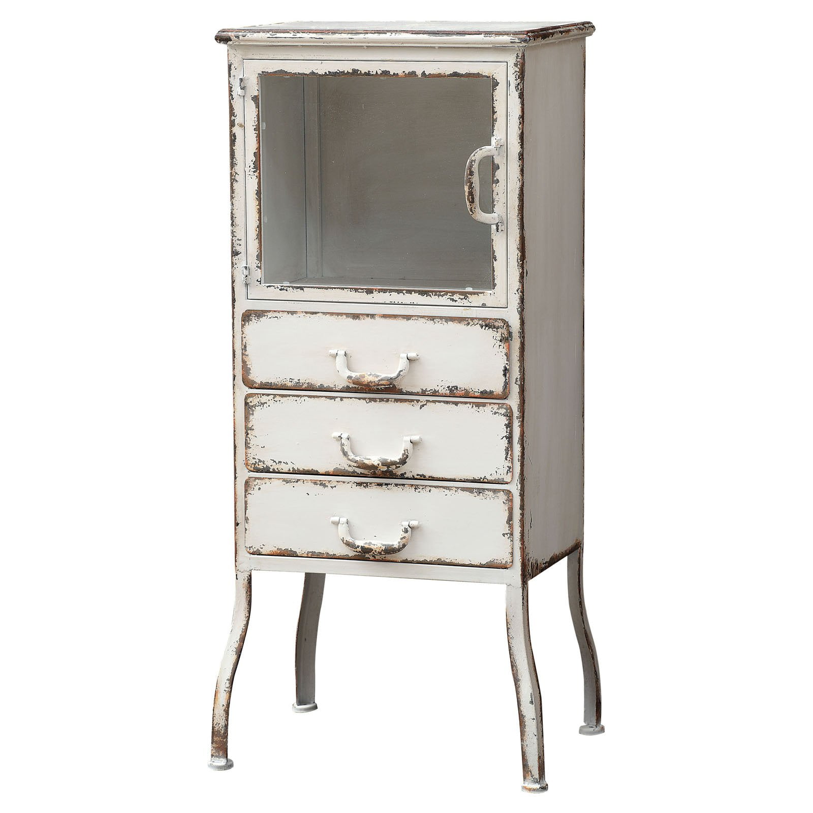 Distressed White Metal Cabinet with 3 Drawers and Open Shelf