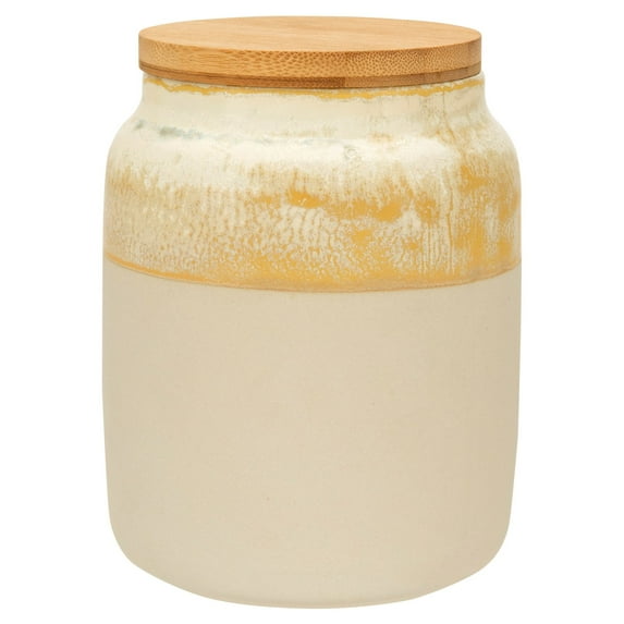 Creative Co-op Small White Reactive Glaze Ceramic Matte Bottom & Bamboo Lid Canister, 5"