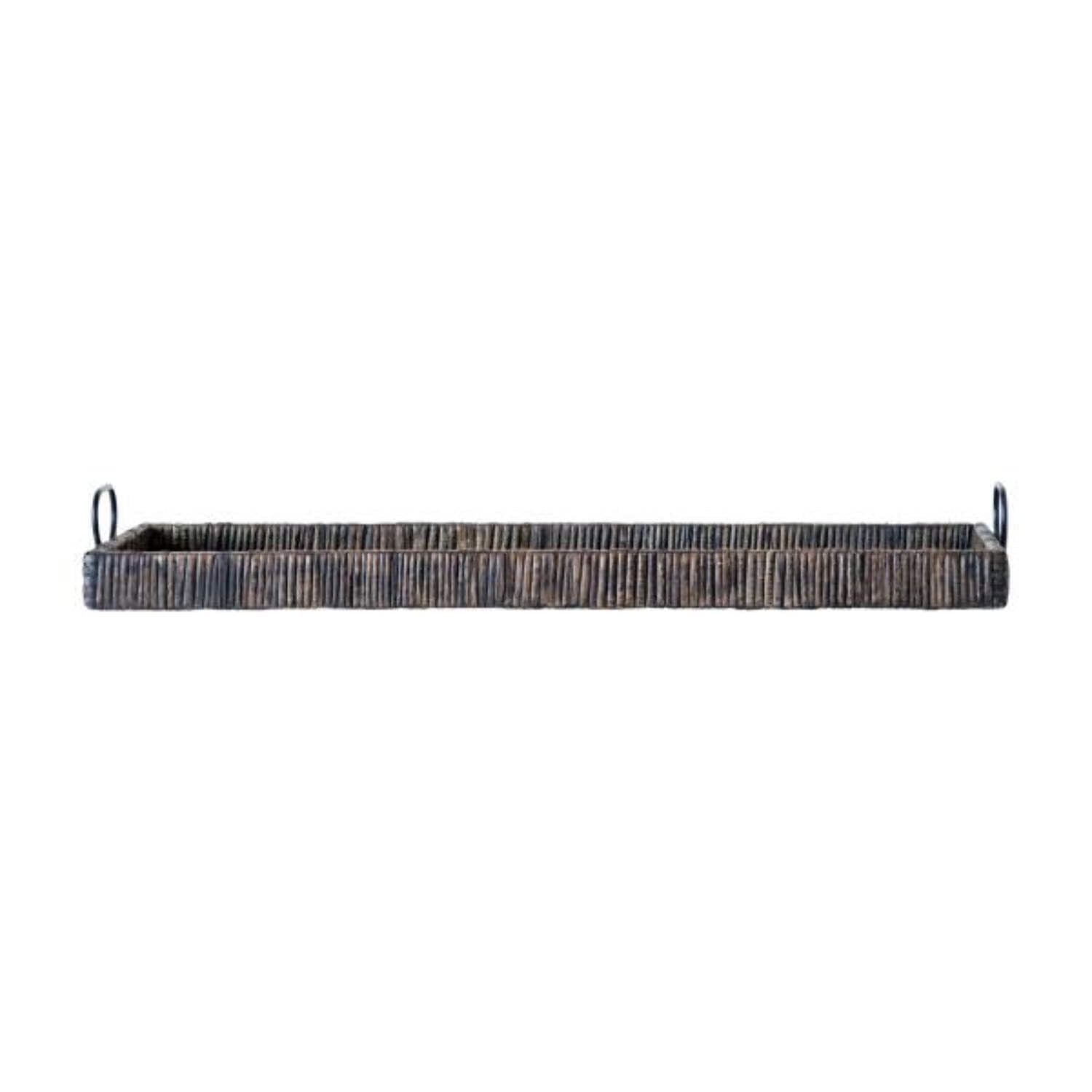 Black and Brown Rattan and Wood Tray with Handles