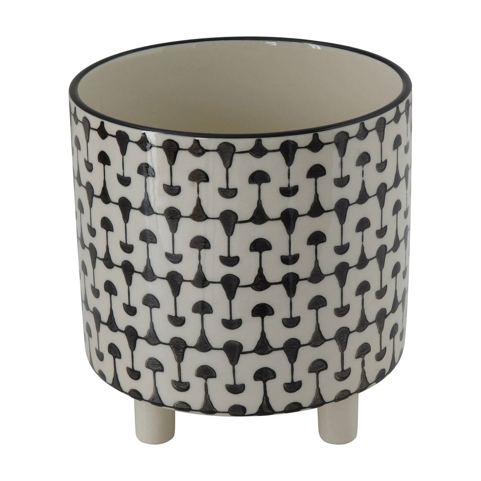 Creative Co-Op Round Stoneware Planters with Geometric Prints, Black and White