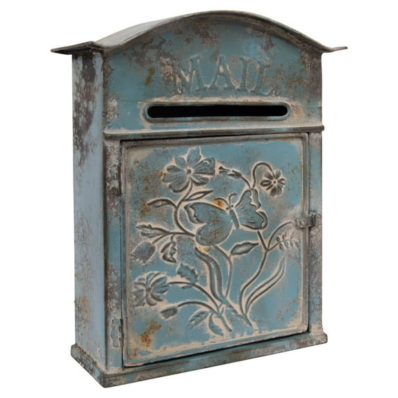 Creative Co-Op Distressed Blue Embossed Tin Mail Box