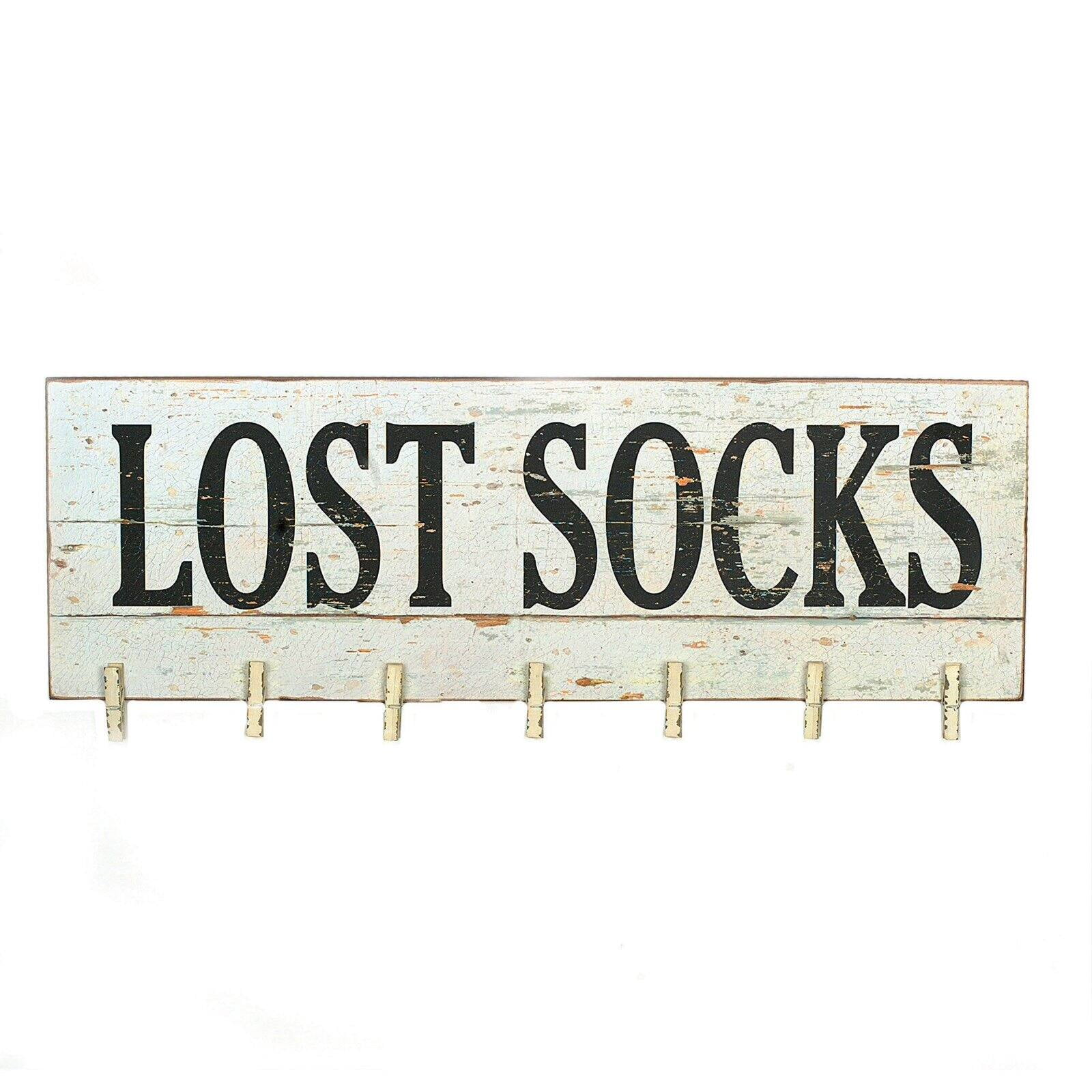 Rustic White Wood Lost Socks Wall Decor with Clothespins