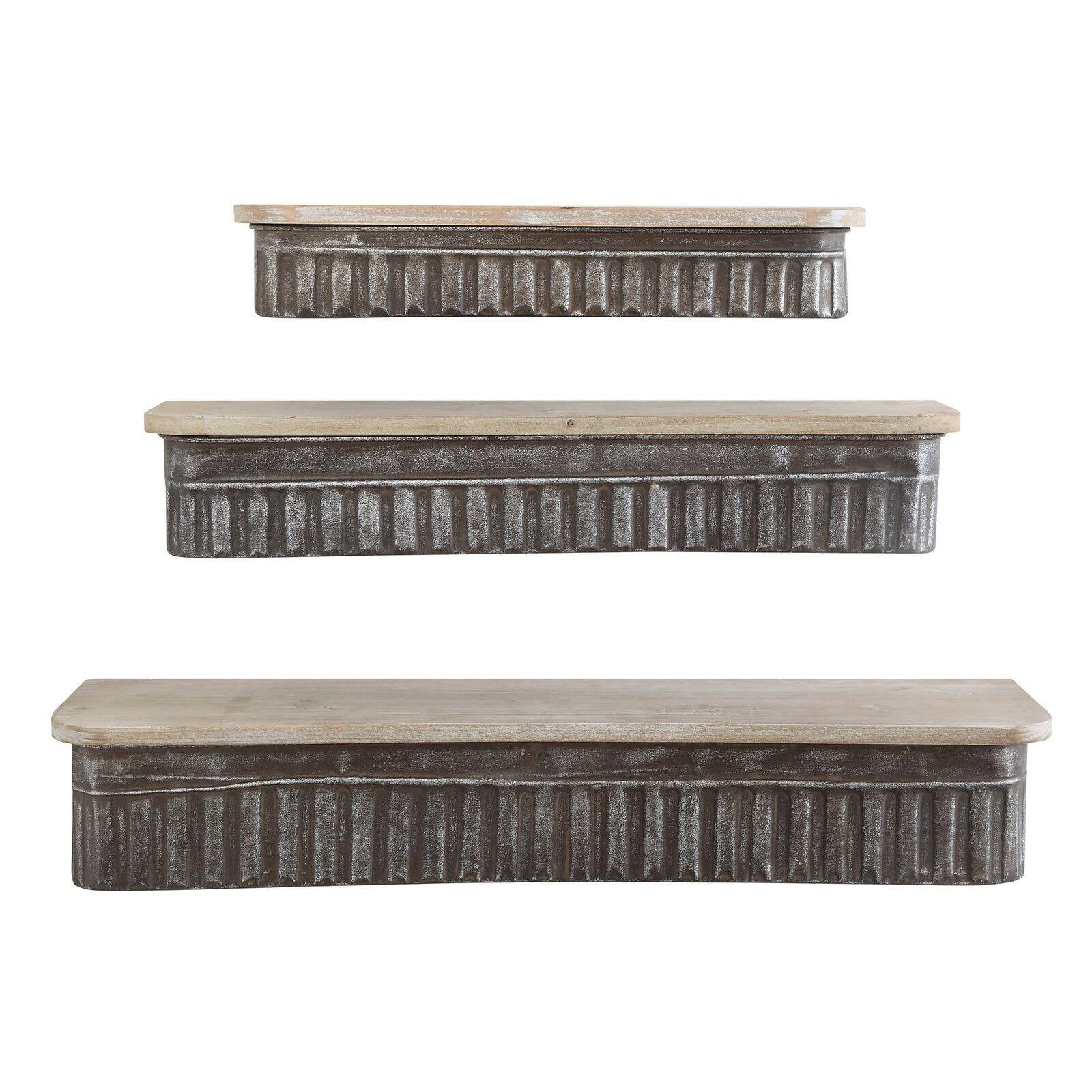 Rustic Brown Iron and Wood Wall Shelves Set of 3