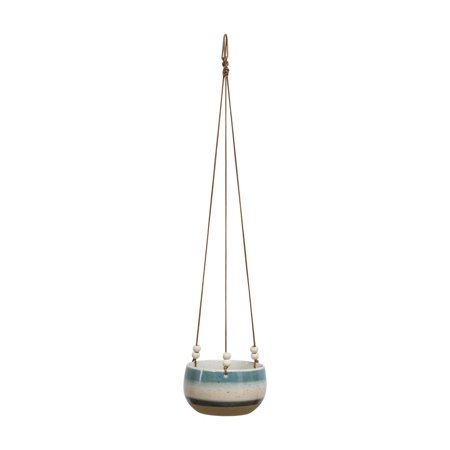 3R Studios Striped Stoneware Hanging Planter with Cotton Rope and Wood Beads