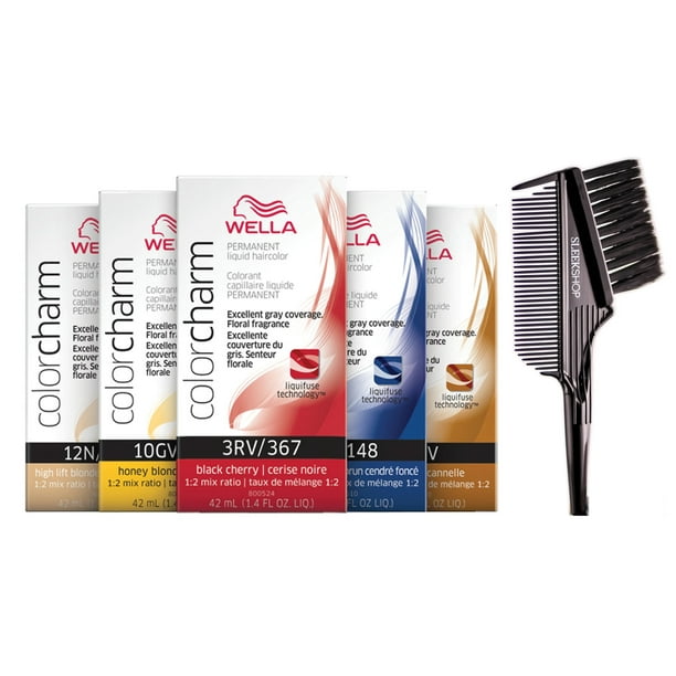 3RV/367 - Black Cherry: Wella COLOR CHARM Liquid Permanent Hair Color, 100% Gray Coverage Haircolor Dye - Pack of 3 w/ Sleek 3-in-1 Comb Brush