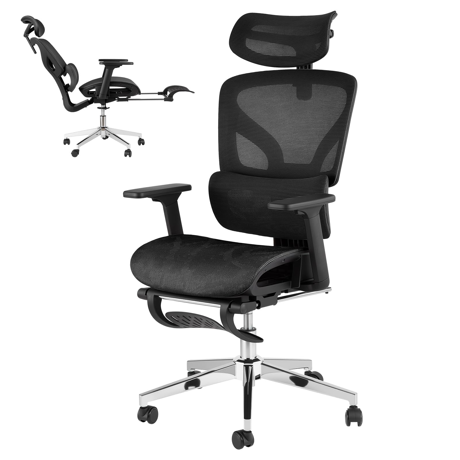3Rd Gen Ergonomic High Back Mesh Office Chair with Footrest, 4d Adjustable Armrests & Dynamic Lumbar Support, Reclining Tilt Function Rolling Casters Desk Chair for Home Office, Black