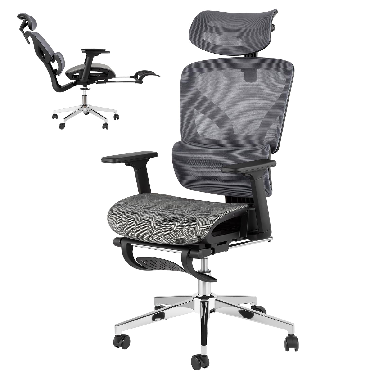 3Rd Gen Ergonomic High Back Mesh Office Chair with Footrest, 4d Adjustable Armrests & Dynamic Lumbar Support, Reclining Tilt Function Rolling Casters Desk Chair for Home Office, Grey