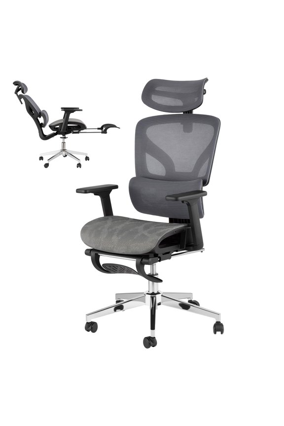 3Rd Gen Ergonomic High Back Mesh Office Chair with Footrest, 4d Adjustable Armrests & Dynamic Lumbar Support, Reclining Tilt Function Rolling Casters Desk Chair for Home Office, Grey
