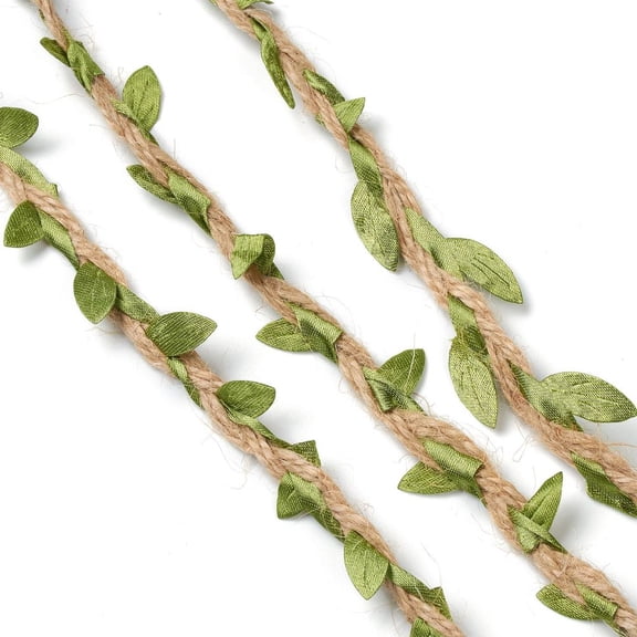 3Roll Cloth Leaf Trim Ribbon with Hemp Cords for Arts Crafts DIY Decoration Gift Wrapping Green 25x1mm 10m/Roll