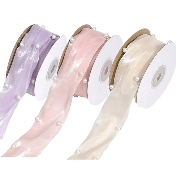 3Rolls 3 Colors Polyester Ribbon with Plastic Imitation Pearl for DIY Veils Blushers Fascinators Stage Set Bowknot Making Mixed Color