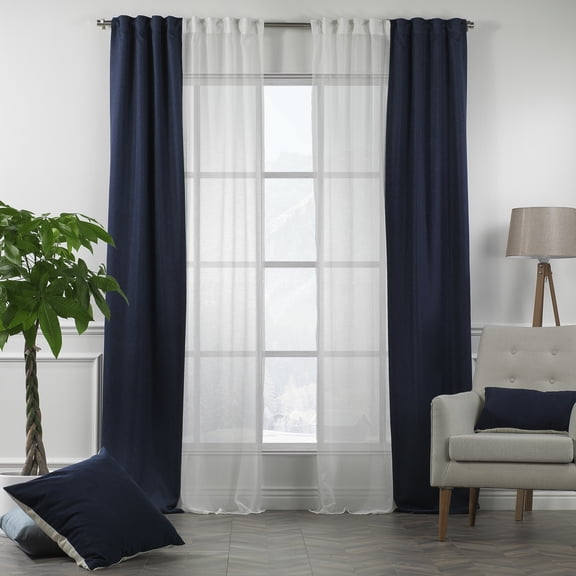 3S Brother's 4 Panels Mix and Match Curtains 2 solid Decorative Linen Look curtains and 2 Sheer Linen look Curtains Hanging Back Tap & Rod Pocket Office, Luxury Home Deco Each 28"x63" Navy Blue-Ecru