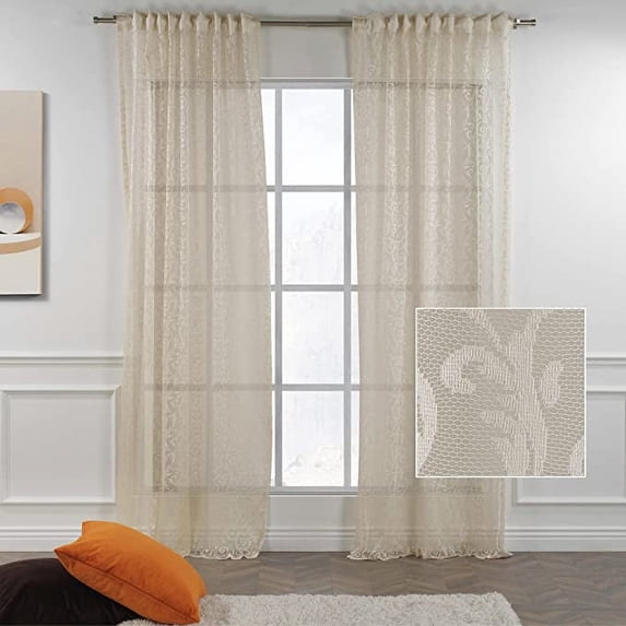 3S Brother's Beige Lace Sheers Extra Long Floral Style Curtains Set of 2 Panels Rod Pocket & Back Tab Home Décor Window Custom Made Drapes 10-30 Ft. Long -Made in Turkey Each Panel (52"W x 95"L)