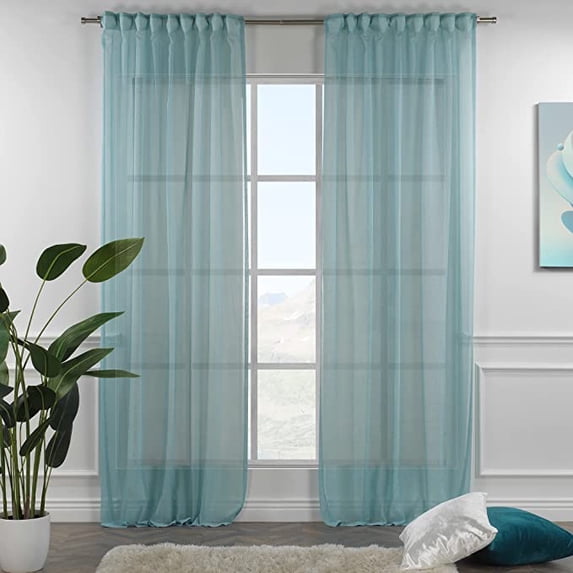 3S Brother's Blue Linen Look Extra Long Set of 2 Panels Sheer Curtains Rod Pocket & Back Tab Home Décor Window Custom Made Drapes 10-30 Ft. Long -Made in Turkey Each Panel (100"W x 144"L)