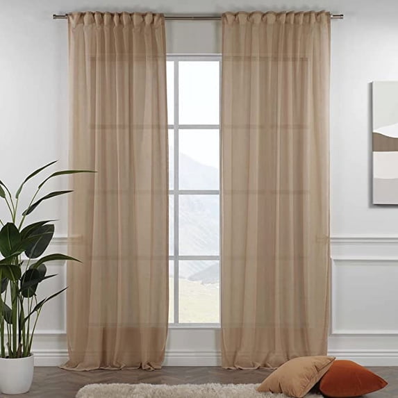 3S Brother's Brown Linen Look Extra Long Set of 2 Panels Sheer Curtains Rod Pocket & Back Tab Home Décor Window Custom Made Drapes 10-30 Ft. Long -Made in Turkey Each Panel (100"W x 228"L)