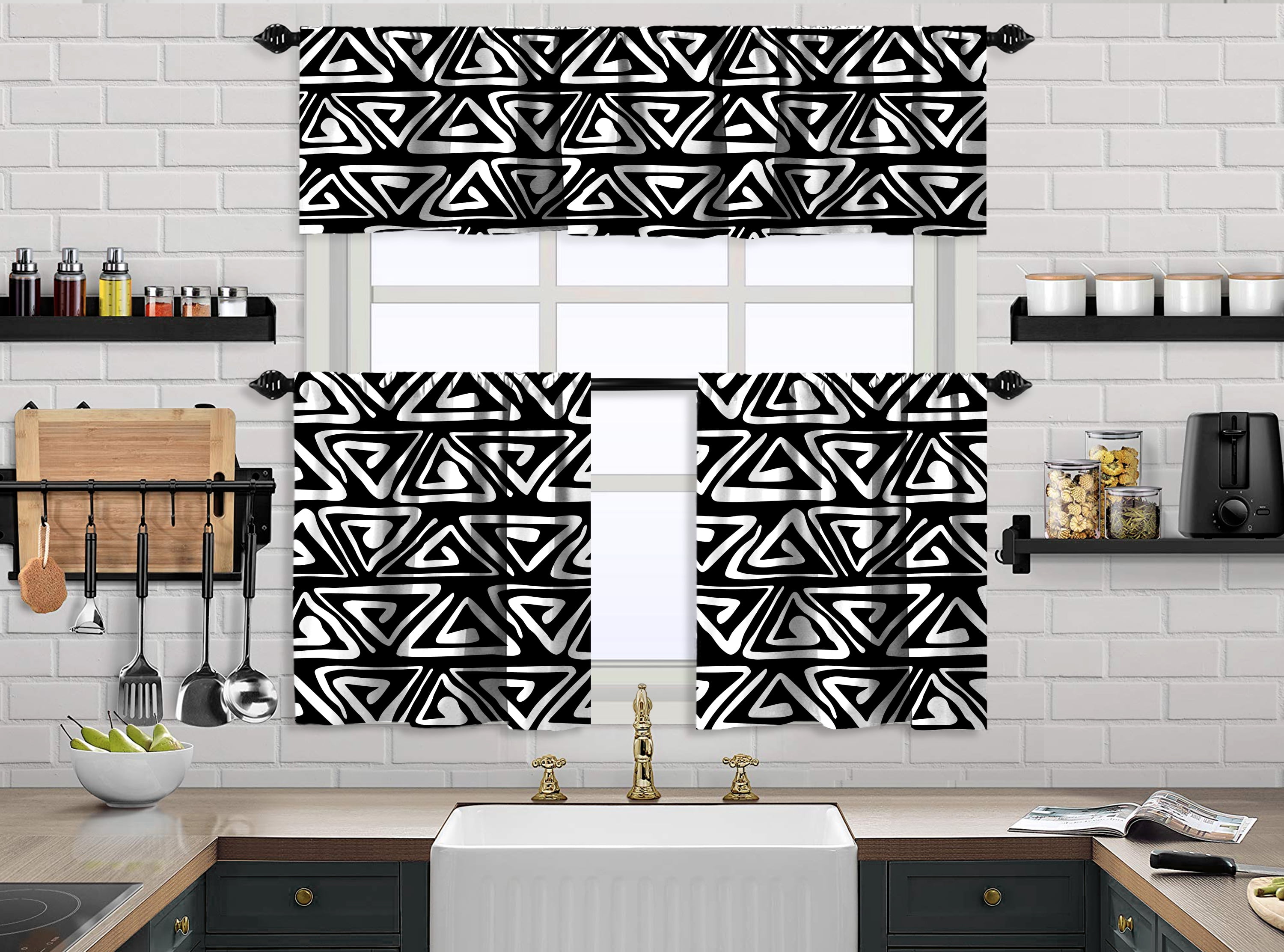 Lilijan Home & Curtain Boho Design Kitchen Valance (50X14) And 2 Tiers Cafe Curtains