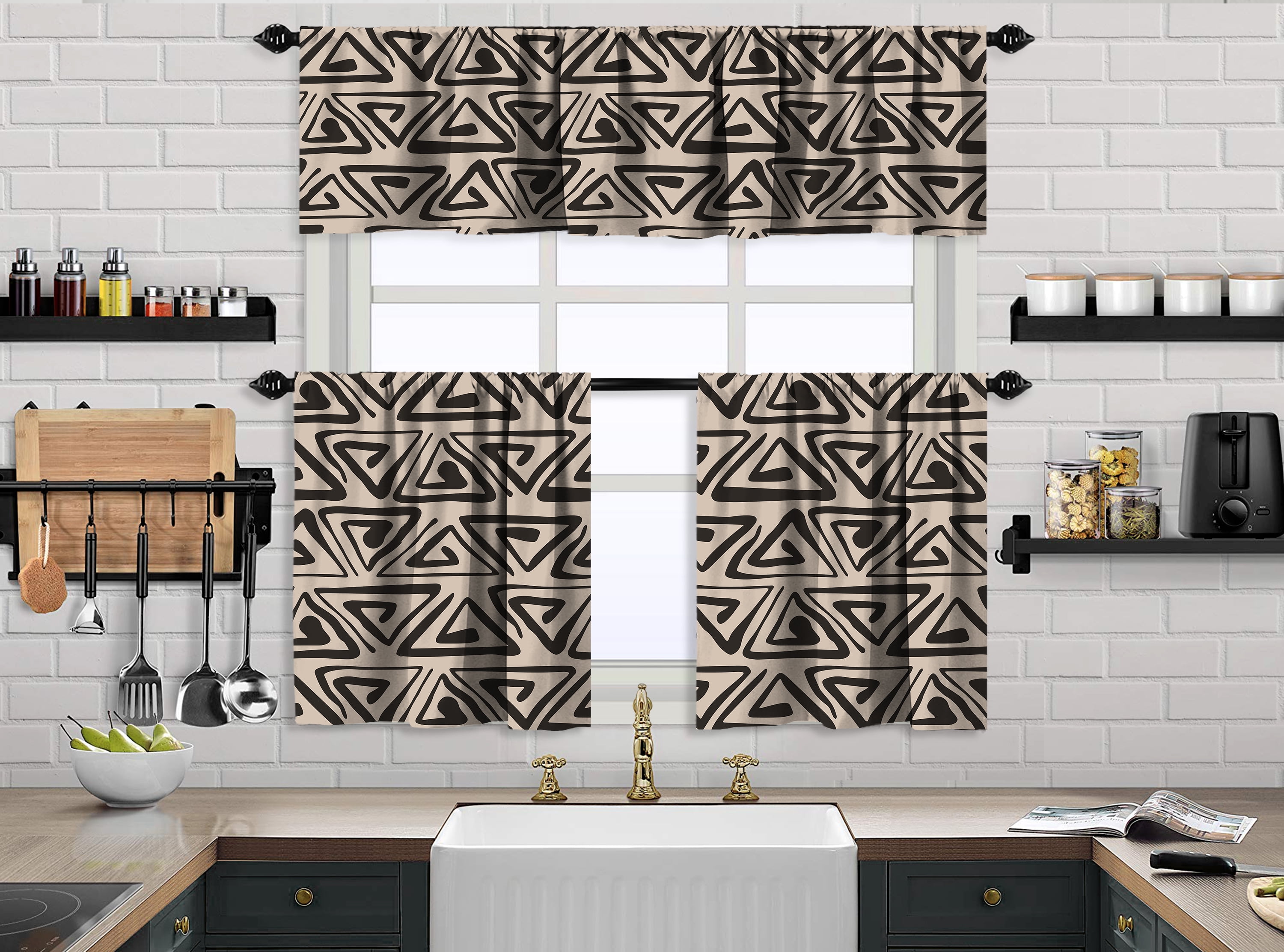 Ecru and Black Geometric Boho Kitchen Valance and Tiers Set