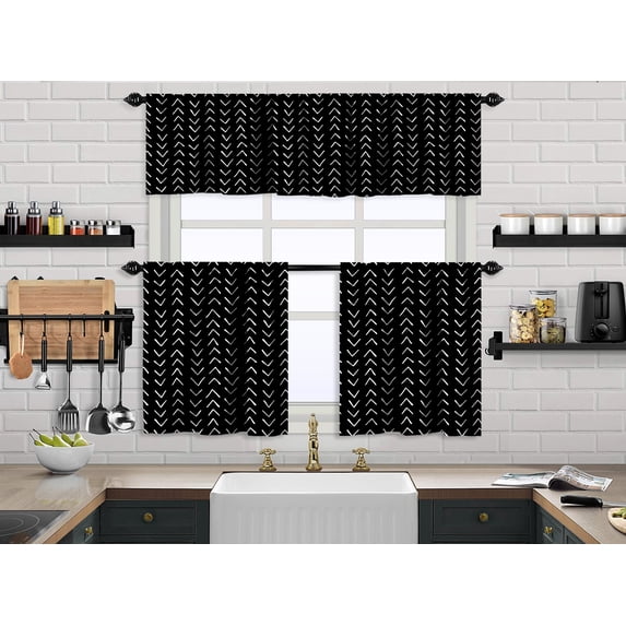 3S Brother's Kitchen Valance BOHO Printed Set of 3 Hanging Rod Pocket & Back Tab Window Décor Valances Tiers Café Curtains -Made in Turkey 0030(Black 50"x14" Valance - 2 Tiers 24"x24")