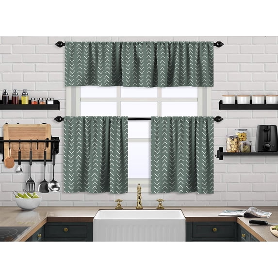 3S Brother's Kitchen Valance BOHO Printed Set of 3 Hanging Rod Pocket & Back Tab Window Décor Valances Tiers Café Curtains -Made in Turkey 0030(Dark Mint 50"x14" Valance - 2 Tiers 24"x36")