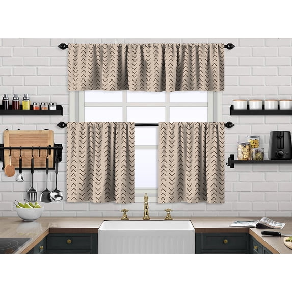 3S Brother's Kitchen Valance BOHO Printed Set of 3 Hanging Rod Pocket & Back Tab Window Décor Valances Tiers Café Curtains -Made in Turkey 0030(Ecru 50"x14" Valance - 2 Tiers 24"x40")