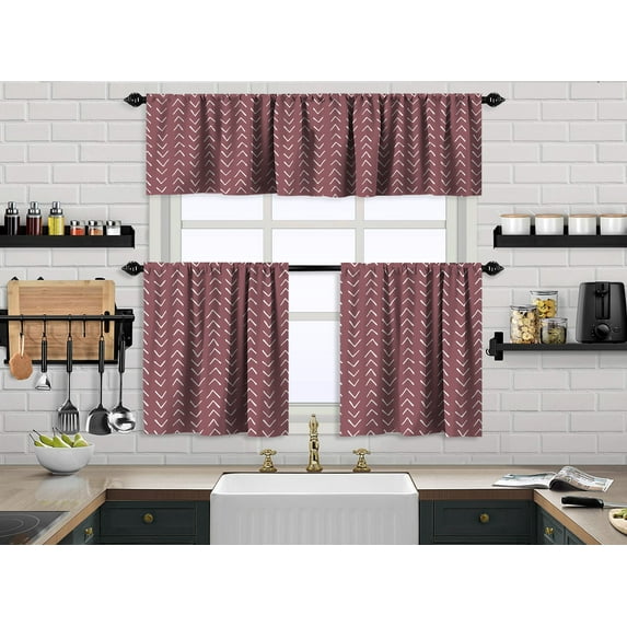 3S Brother's Kitchen Valance BOHO Printed Set of 3 Hanging Rod Pocket & Back Tab Window Décor Valances Tiers Café Curtains -Made in Turkey 0030(Rose Pink 50"x14" Valance - 2 Tiers 24"x40")