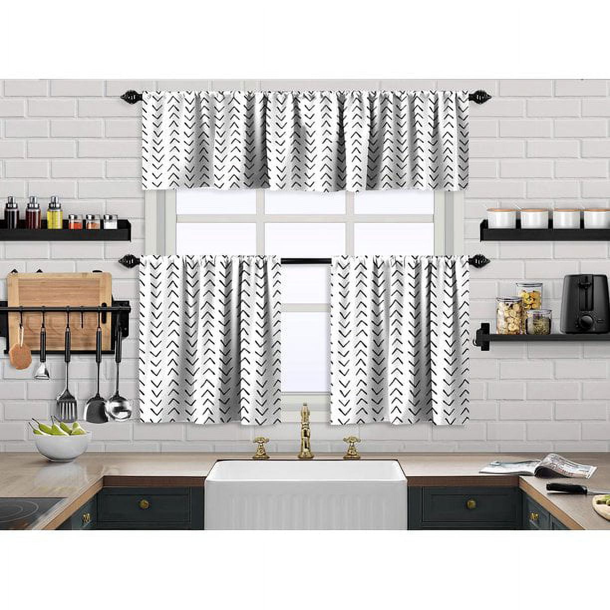 Boho Ecru Polyester Kitchen Valance and Curtain Set