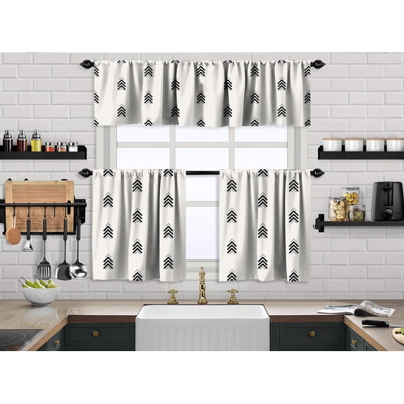 3S Brother's Kitchen Valance BOHO Printed Set of 3 Hanging Rod Pocket & Back Tab Window Décor Valances Tiers Café Curtains -Made in Turkey 0031( White 50"x14" Valance - 2 Tiers 24"x30")