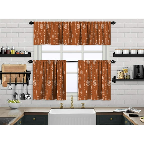 3S Brother's Kitchen Valance BOHO Printed Set of 3 Hanging Rod Pocket & Back Tab Window Décor Valances Tiers Café Curtains -Made in Turkey 0032( Brick 50"x14" Valance - 2 Tiers 24"x36")