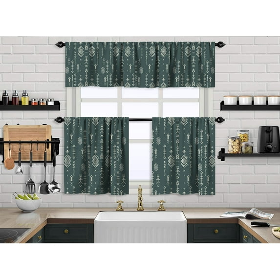 3S Brother's Kitchen Valance BOHO Printed Set of 3 Hanging Rod Pocket & Back Tab Window Décor Valances Tiers Café Curtains -Made in Turkey 0032( Pine Green 50"x14" Valance - 2 Tiers 24"x40")