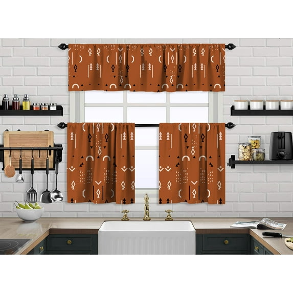 3S Brother's Kitchen Valance BOHO Printed Set of 3 Hanging Rod Pocket & Back Tab Window Décor Valances Tiers Café Curtains -Made in Turkey 0033( Brick 50"x14" Valance - 2 Tiers 24"x30")