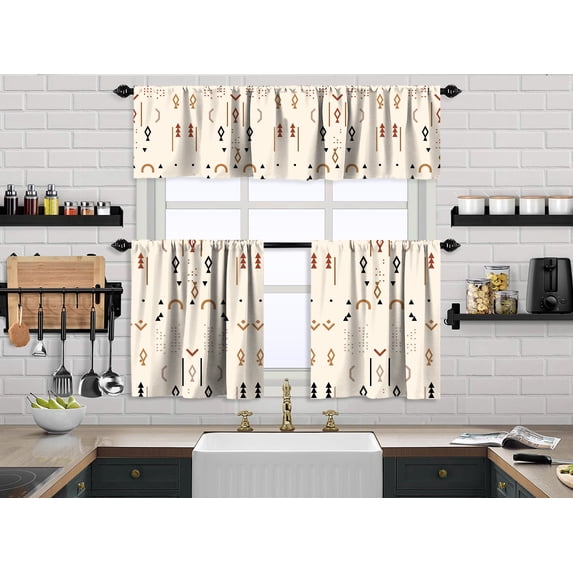 3S Brother's Kitchen Valance BOHO Printed Set of 3 Hanging Rod Pocket & Back Tab Window Décor Valances Tiers Café Curtains -Made in Turkey 0033( Ecru 50"x14" Valance - 2 Tiers 24"x40")