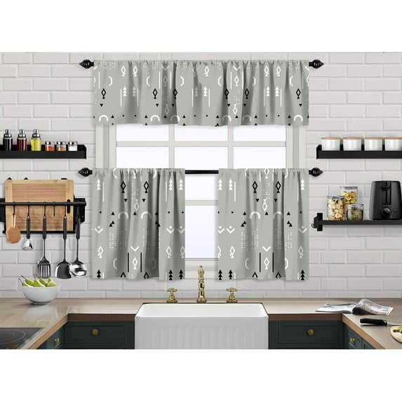 3S Brother's Kitchen Valance BOHO Printed Set of 3 Hanging Rod Pocket & Back Tab Window Décor Valances Tiers Café Curtains -Made in Turkey 0033( Grey 50"x14" Valance - 2 Tiers 24"x40")
