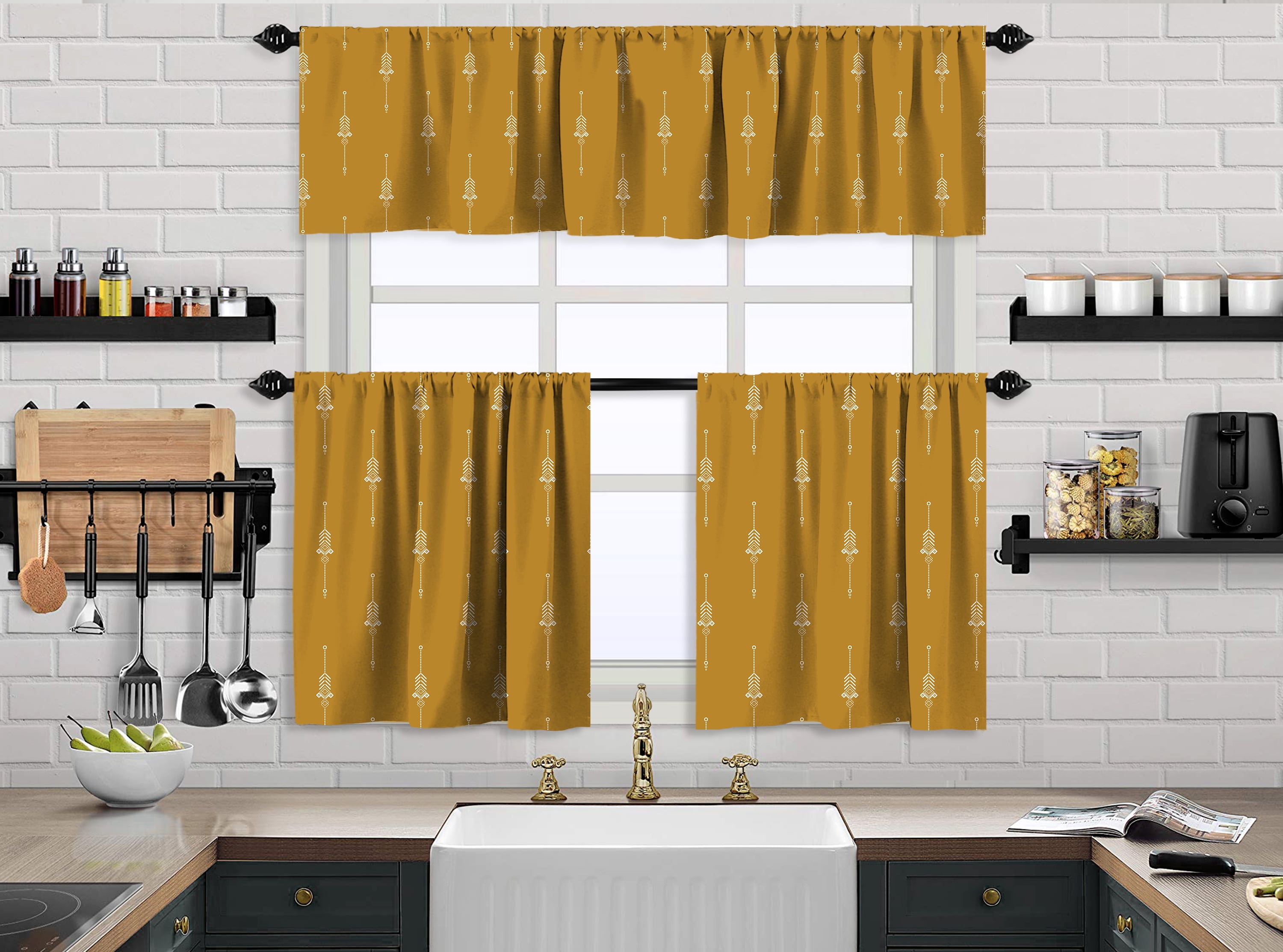 Mustard Yellow Boho Polyester Kitchen Valance and Tiers Set