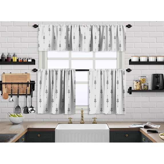 3S Brother's Kitchen Valance BOHO Printed Set of 3 Hanging Rod Pocket & Back Tab Window Décor Valances Tiers Café Curtains -Made in Turkey 0035( White 50"x14" Valance - 2 Tiers 24"x30")