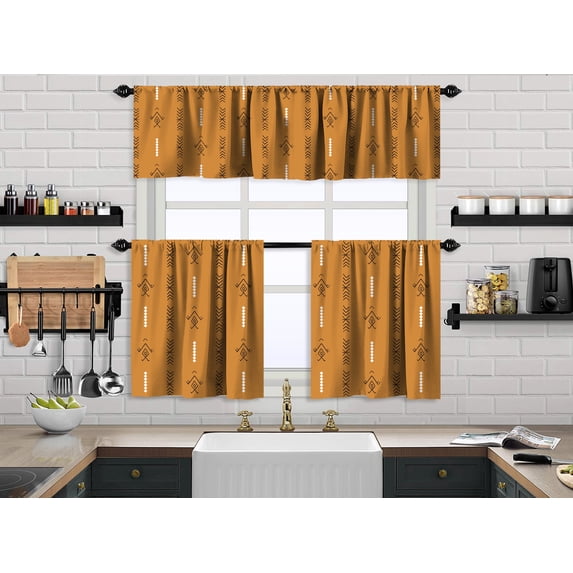 3S Brother's Kitchen Valance BOHO Printed Set of 3 Hanging Rod Pocket & Back Tab Window Décor Valances Tiers Café Curtains -Made in Turkey 0037( Mustard Yellow 50"x14" Valance - 2 Tiers 24"x36")