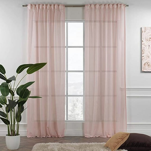 3S Brother's Pink Linen Look Extra Long Set of 2 Panels Sheer Curtains Rod Pocket & Back Tab Home Décor Window Custom Made Drapes 10-30 Ft. Long -Made in Turkey Each Panel (100"W x 132"L)