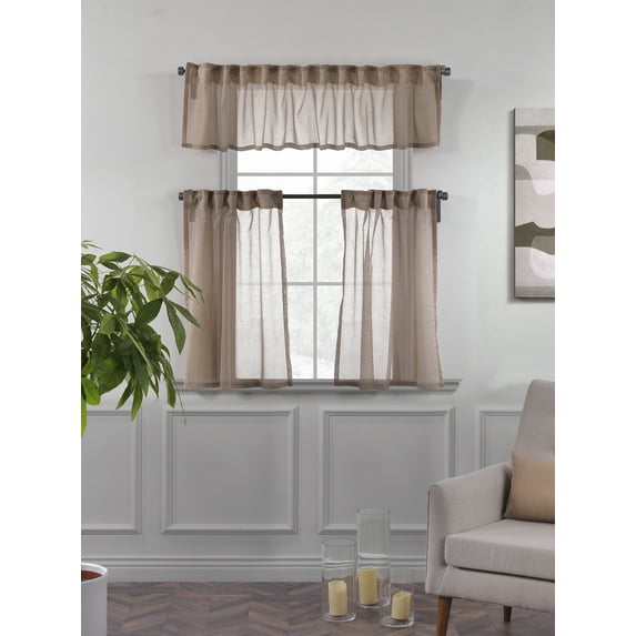 3S Brother's Sheer Curtains Kitchen Valance Set of 3 Hanging Rod Pocket Window Valance Treatments Decorative Valances Tiers Café Curtains ( Beige 50"x14"Valance - 24"x40"Tiers)
